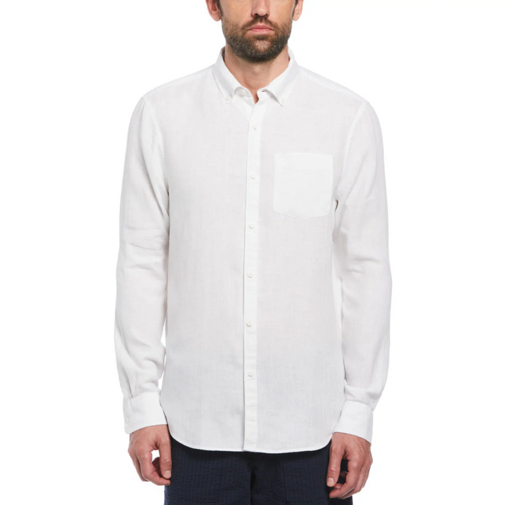 Camisa manga larga delave lino con bolsillo blanca