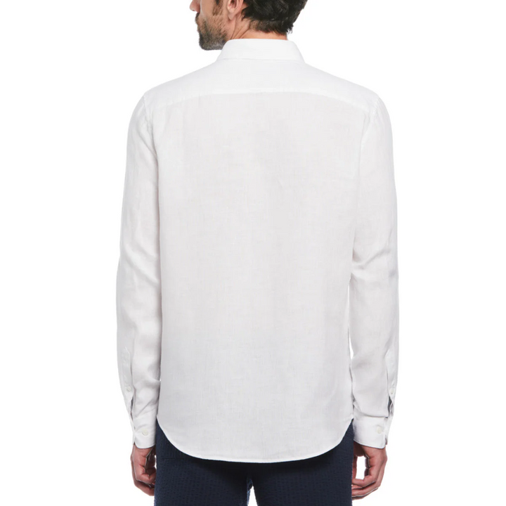 Camisa manga larga delave lino con bolsillo blanca