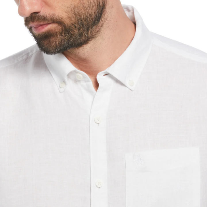 Camisa manga larga delave lino con bolsillo blanca