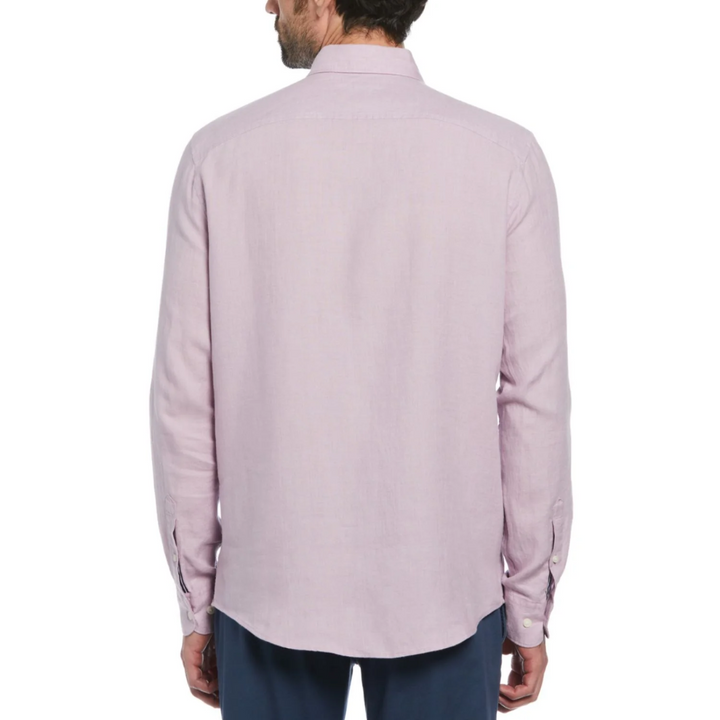 Camisa manga larga delave lino con bolsillo lavanda