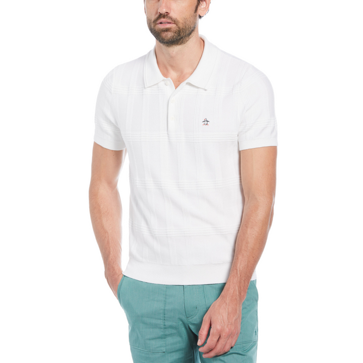 Polo de tacto suave jacquard de tres botones blanco