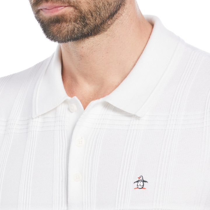 Polo de tacto suave jacquard de tres botones blanco