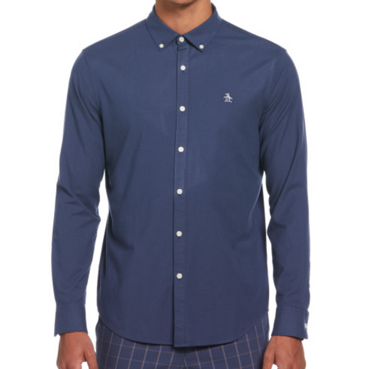 Camisa manga larga Oxford stretch sin bolsillo azul