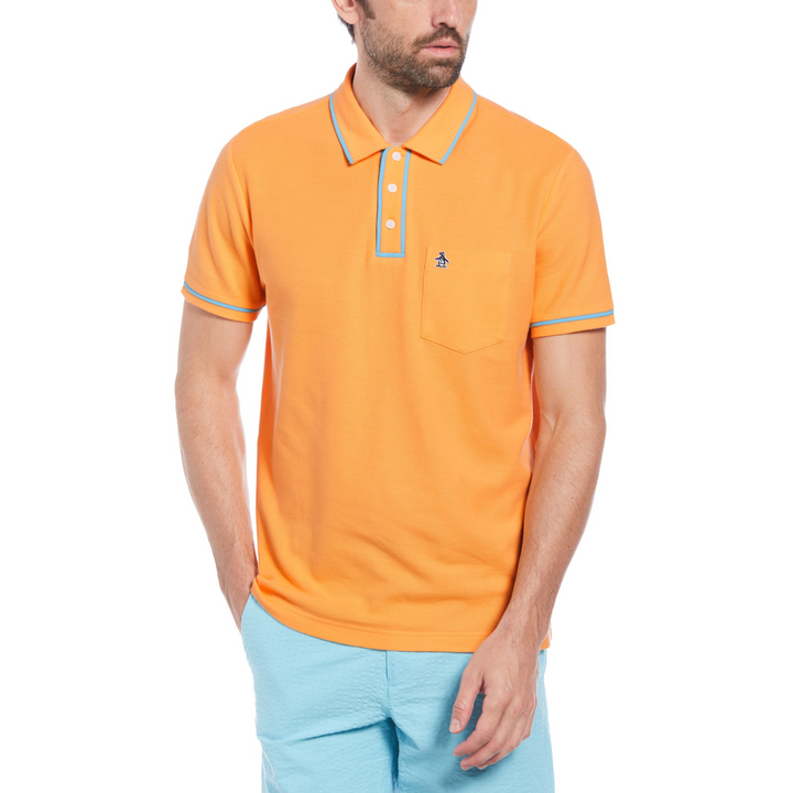 Polo earl orgánico piqué pegatina Pete naranja con ribete azul