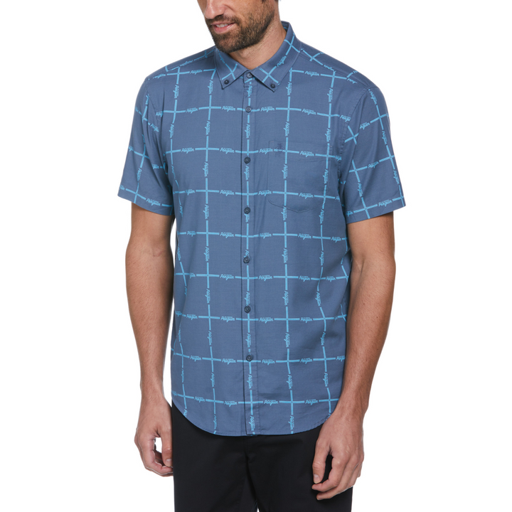 Camisa manga corta tencel grid logo azul