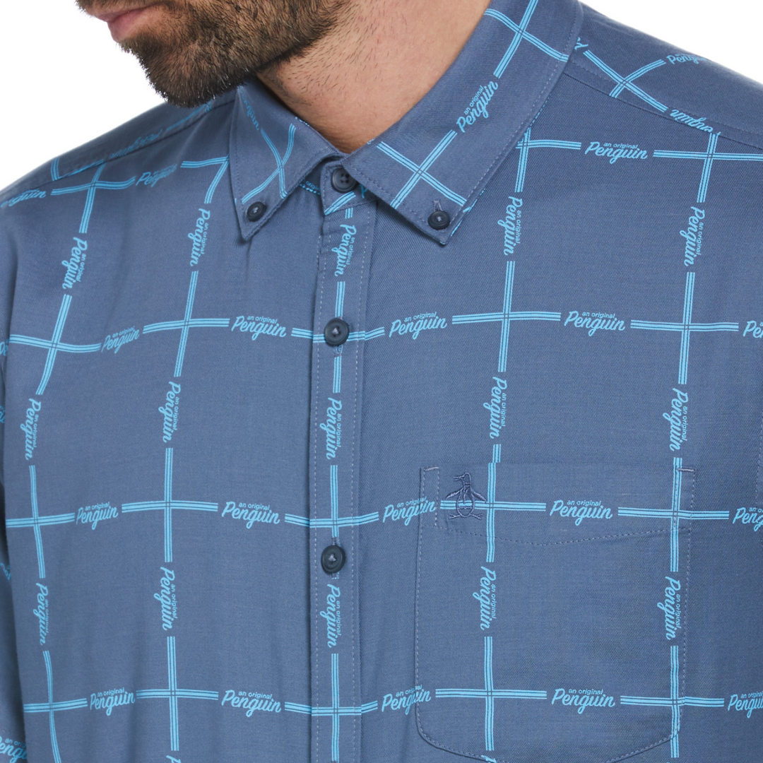 Camisa manga corta tencel grid logo azul