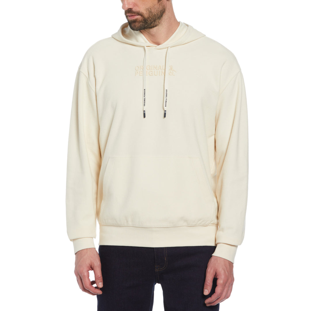 Sudadera con capucha beige y estampado de sarga