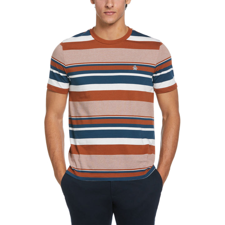 Camiseta organica rayas naranjas y azul marino