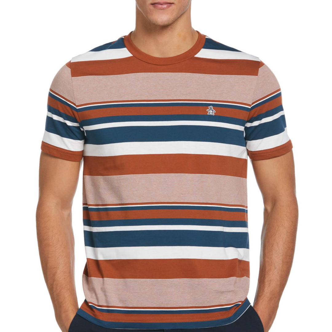 Camiseta organica rayas naranjas y azul marino