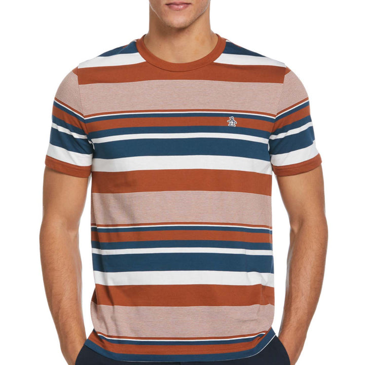 Camiseta organica rayas naranjas y azul marino