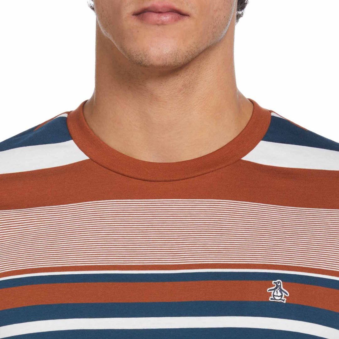 Camiseta organica rayas naranjas y azul marino