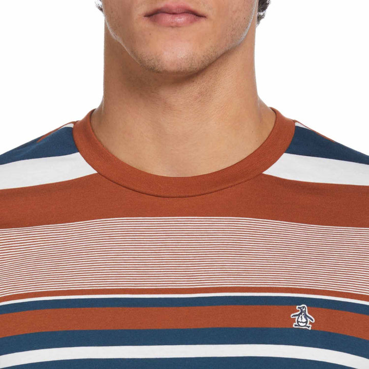 Camiseta organica rayas naranjas y azul marino