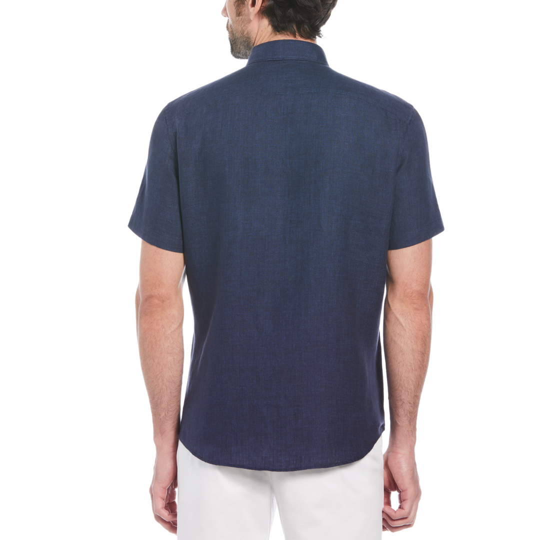 Camisa manga corta delave lino con bolsillo azul marino