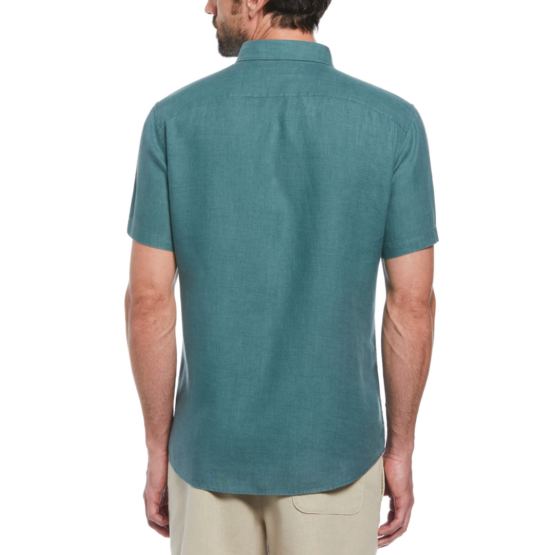 Camisa manga corta delave lino con bolsillo verde