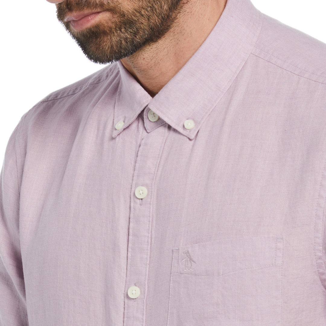 Camisa manga corta delave lino con bolsillo lavanda