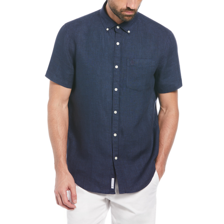 Camisa manga corta delave lino con bolsillo azul marino