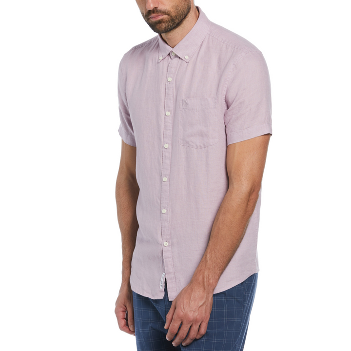 Camisa manga corta delave lino con bolsillo lavanda