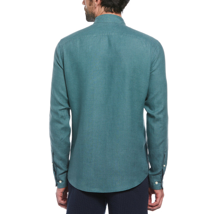 Camisa manga larga lino delave con bolsillo verde jade